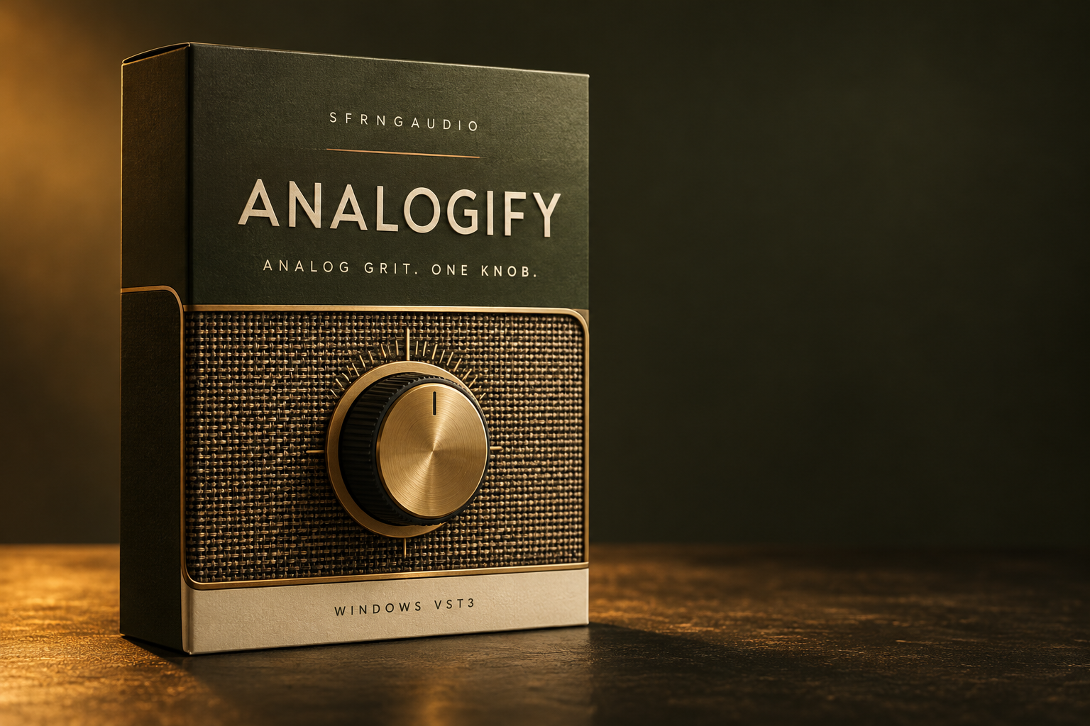 Analogify software product-box artwork, olive and brass retro radio design