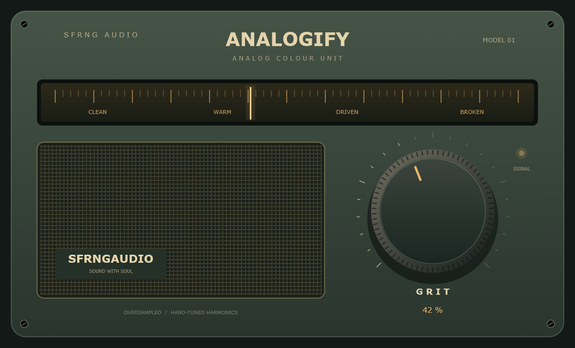 Actual Analogify interface with speaker grille, amber tuning needle and a single Grit knob