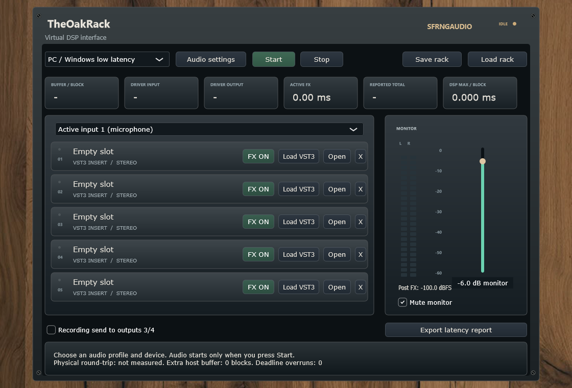 TheOakRack: five stereo VST3 inserts, monitor fader and meters